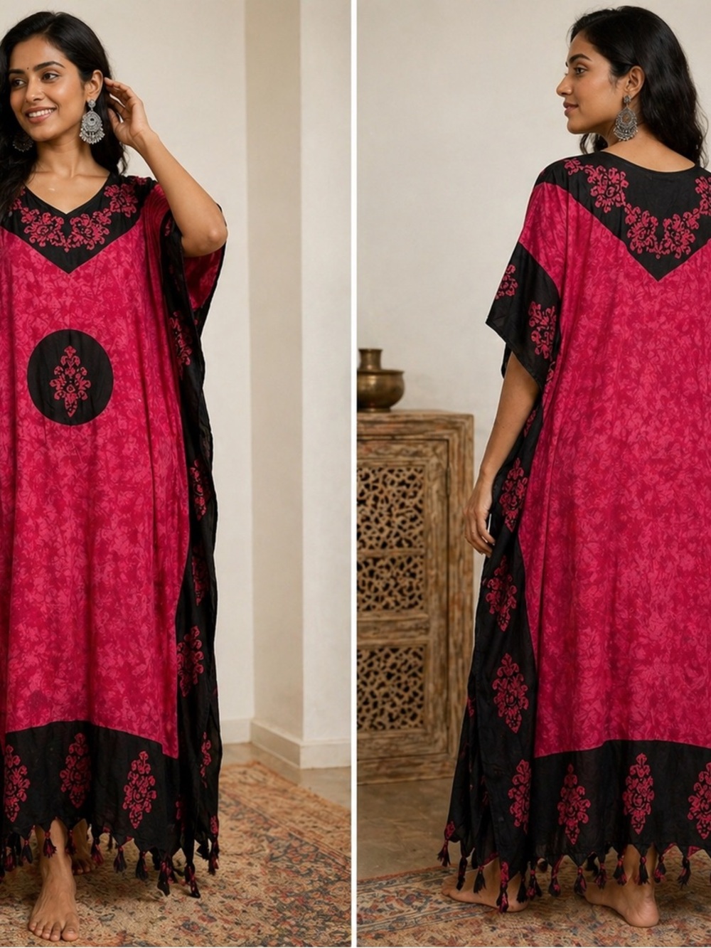 Meetu Magic Red Black Kaftan Caftan Dress One Size Boho Resort